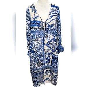 TRUE DESTINATIONS Boho Resort Printed Tie Front Coverup.Blue/white.XS NWT